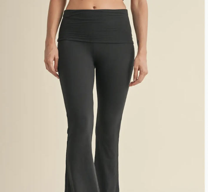 Flared Leggings - Black fleece with fold-over waistband